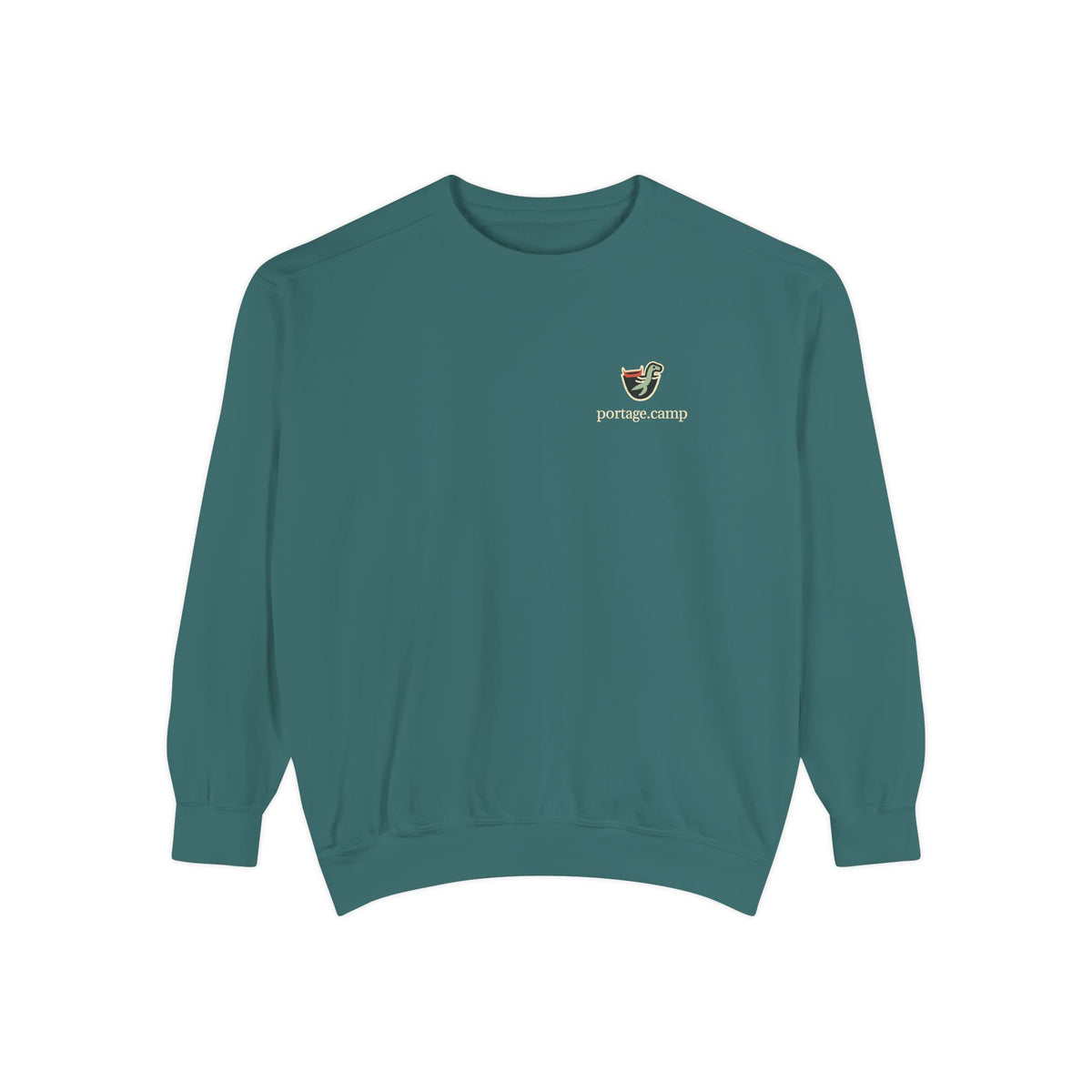 Seen Briefly Garment-Dyed Crewneck in Blue Spruce, front view with the Seen Briefly logo and portage.camp on the chest. Digital product mockup.