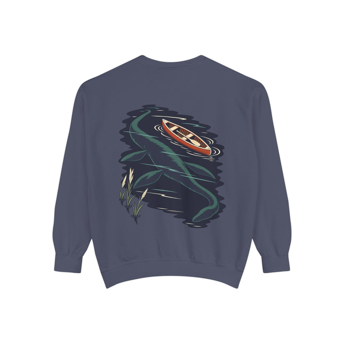 Seen Briefly Garment-Dyed Crewneck in Denim, back view with the large illustrated print. Digital product mockup.