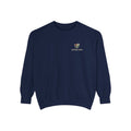 Seen Briefly Garment-Dyed Crewneck in True Navy, front view with the Seen Briefly logo and portage.camp on the chest. Digital product mockup.
