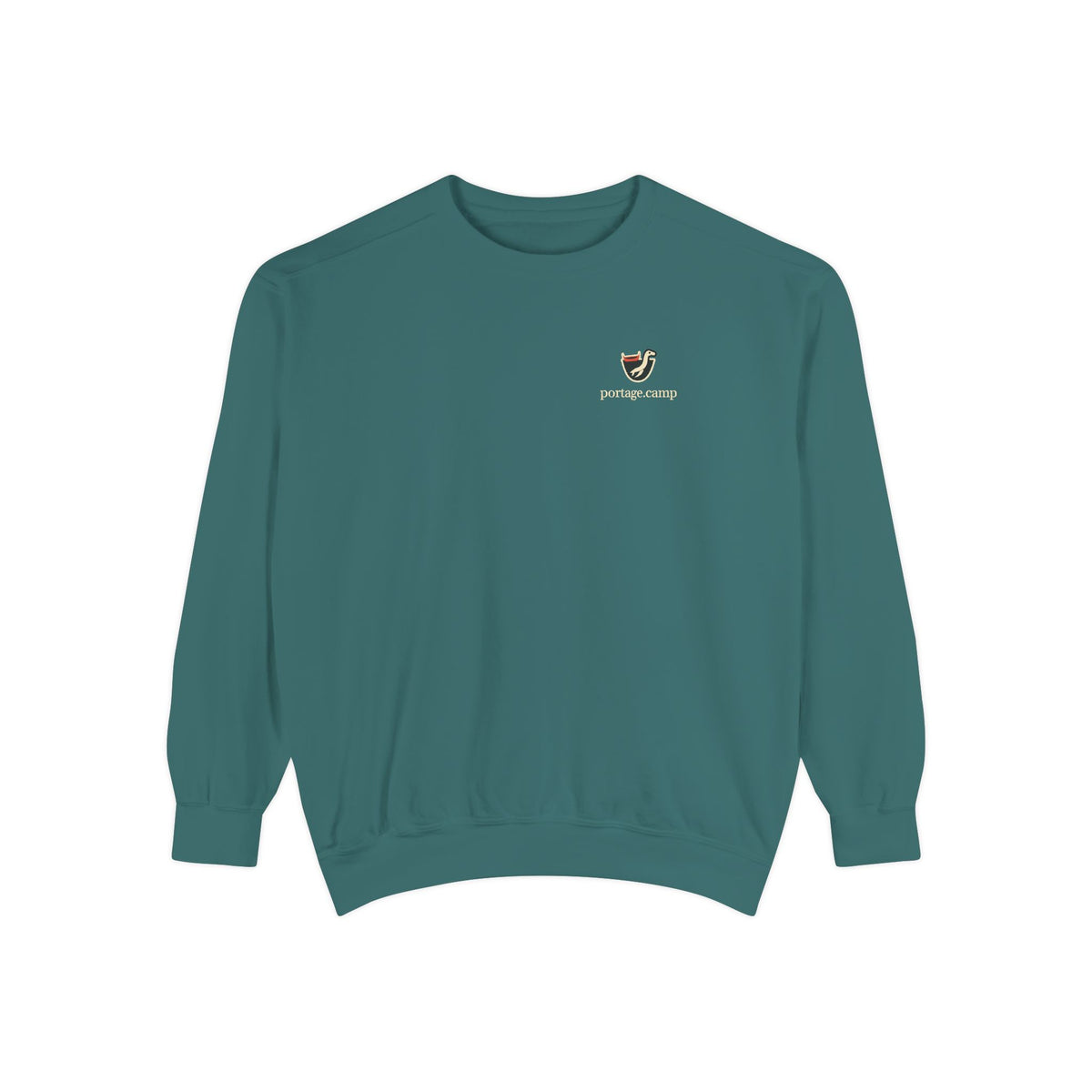 Seen Briefly Garment-Dyed Crewneck in Blue Spruce, front view with the Seen Briefly logo and portage.camp on the chest. Digital product mockup.