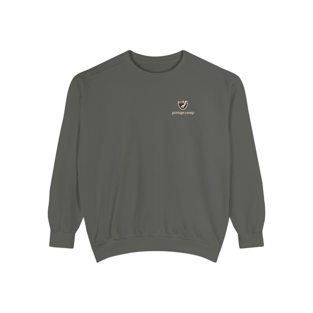 Seen Briefly Garment-Dyed Crewneck in Pepper, front view with the Seen Briefly logo and portage.camp on the chest. Digital product mockup.