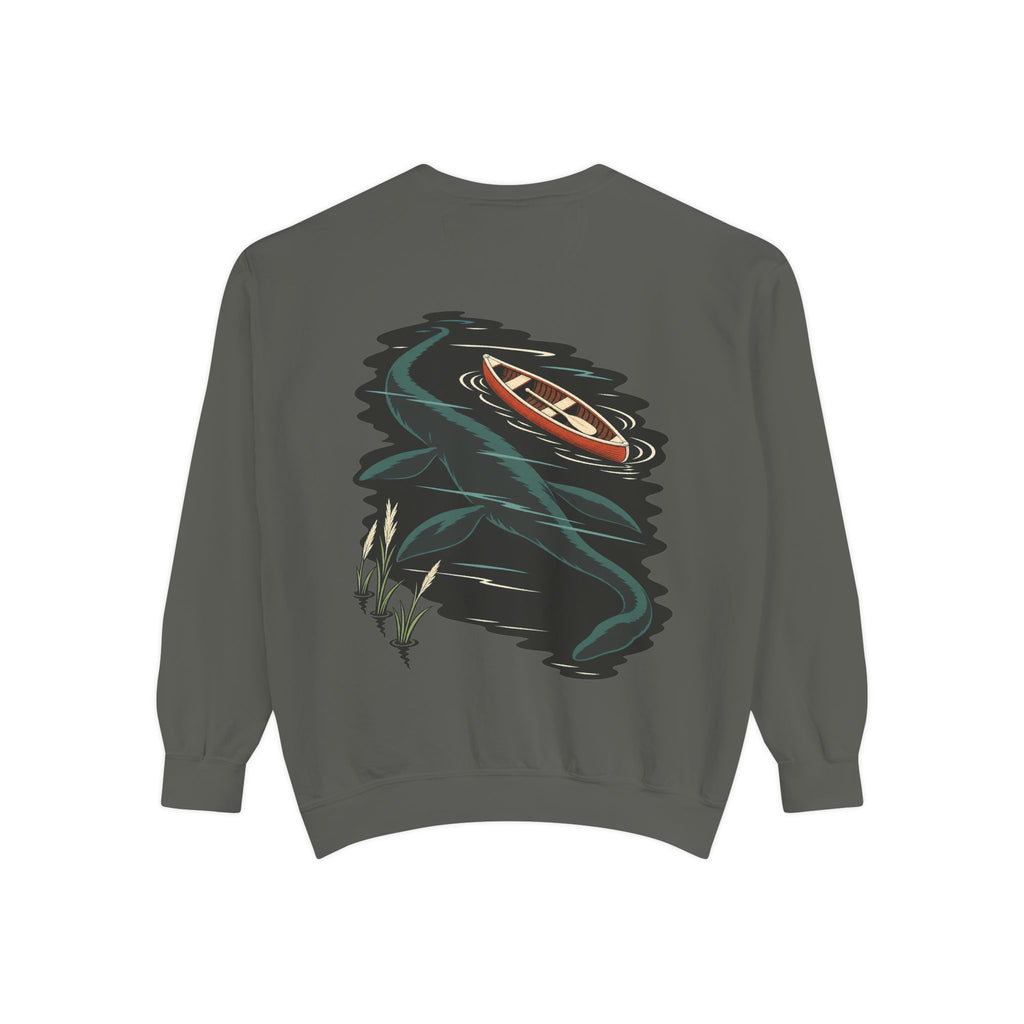 Seen Briefly Garment-Dyed Crewneck in Pepper, back view with the large illustrated print. Digital product mockup.