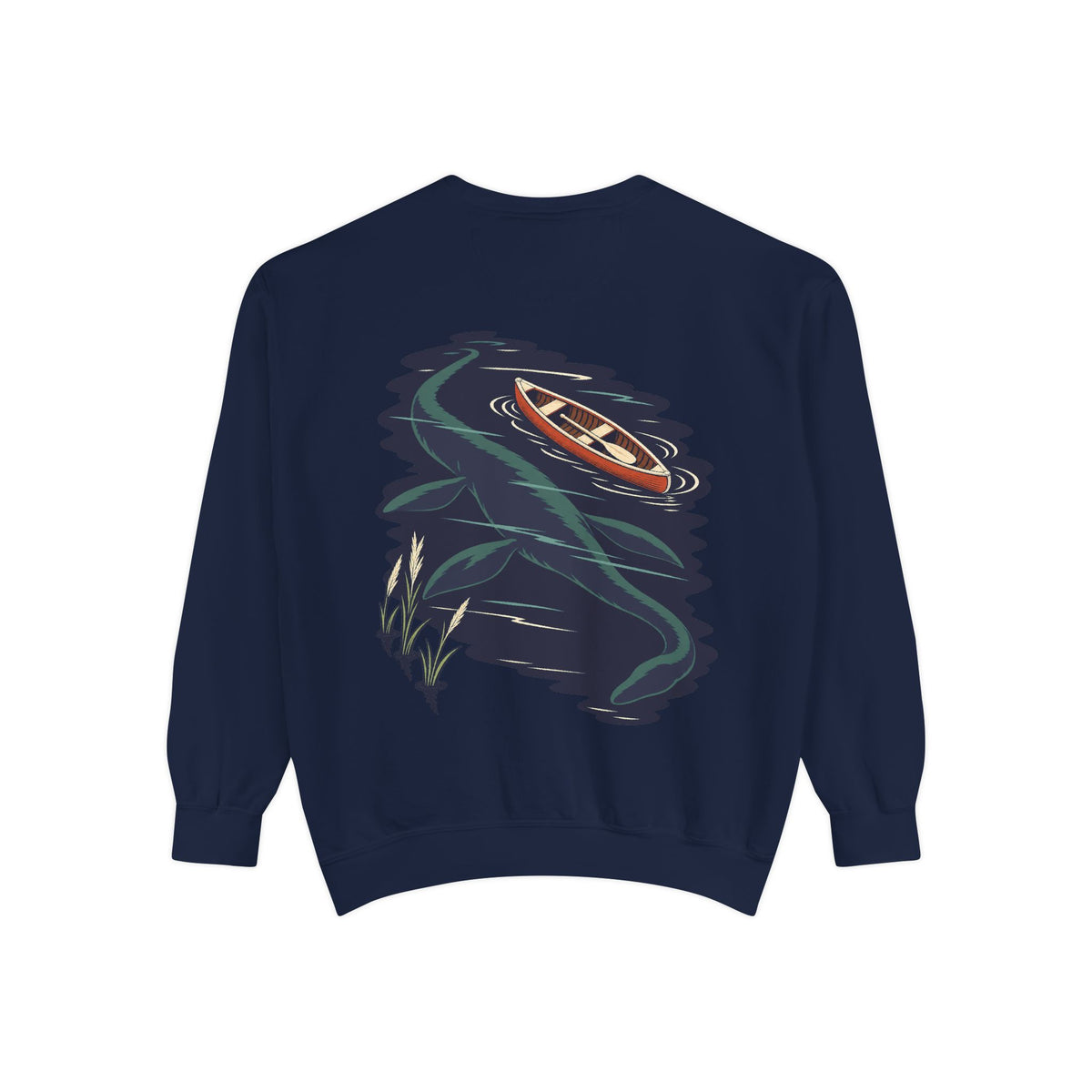 Seen Briefly Garment-Dyed Crewneck in True Navy, back view with the large illustrated print. Digital product mockup.