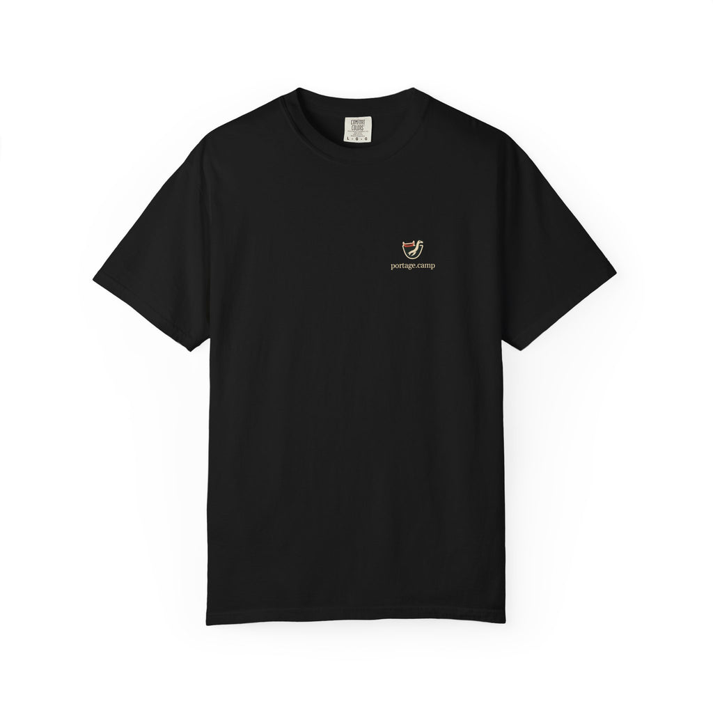 Seen Briefly Garment-Dyed Tee in Black, front view with the Seen Briefly logo and portage.camp on the chest. Digital product mockup.