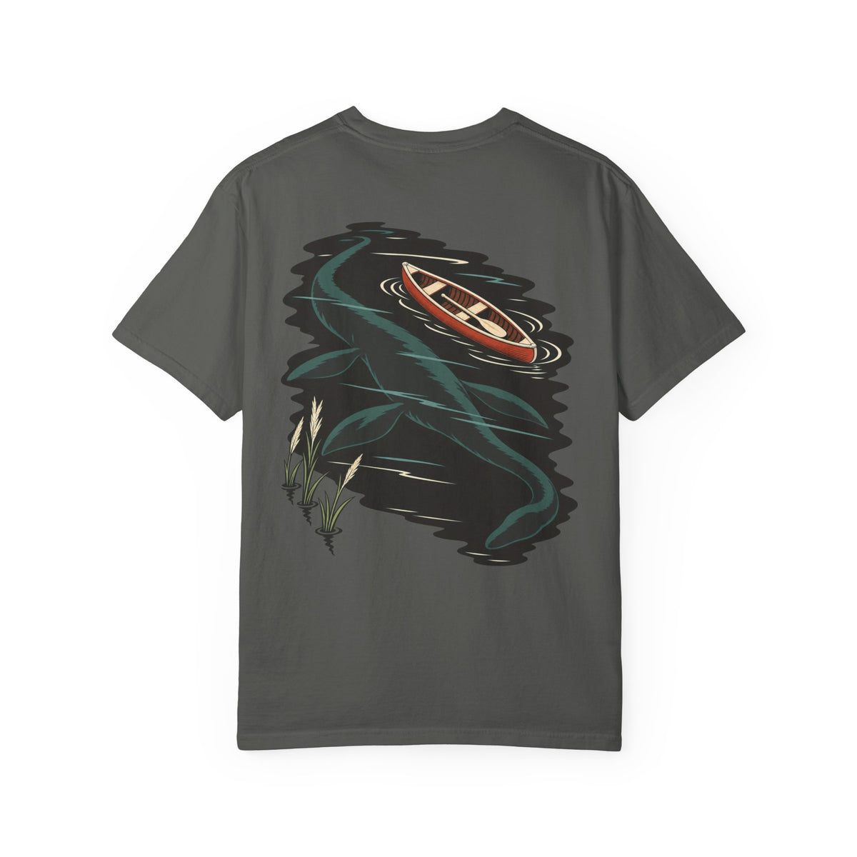 Seen Briefly Garment-Dyed Tee in Pepper, back view with the large illustrated print. Digital product mockup.