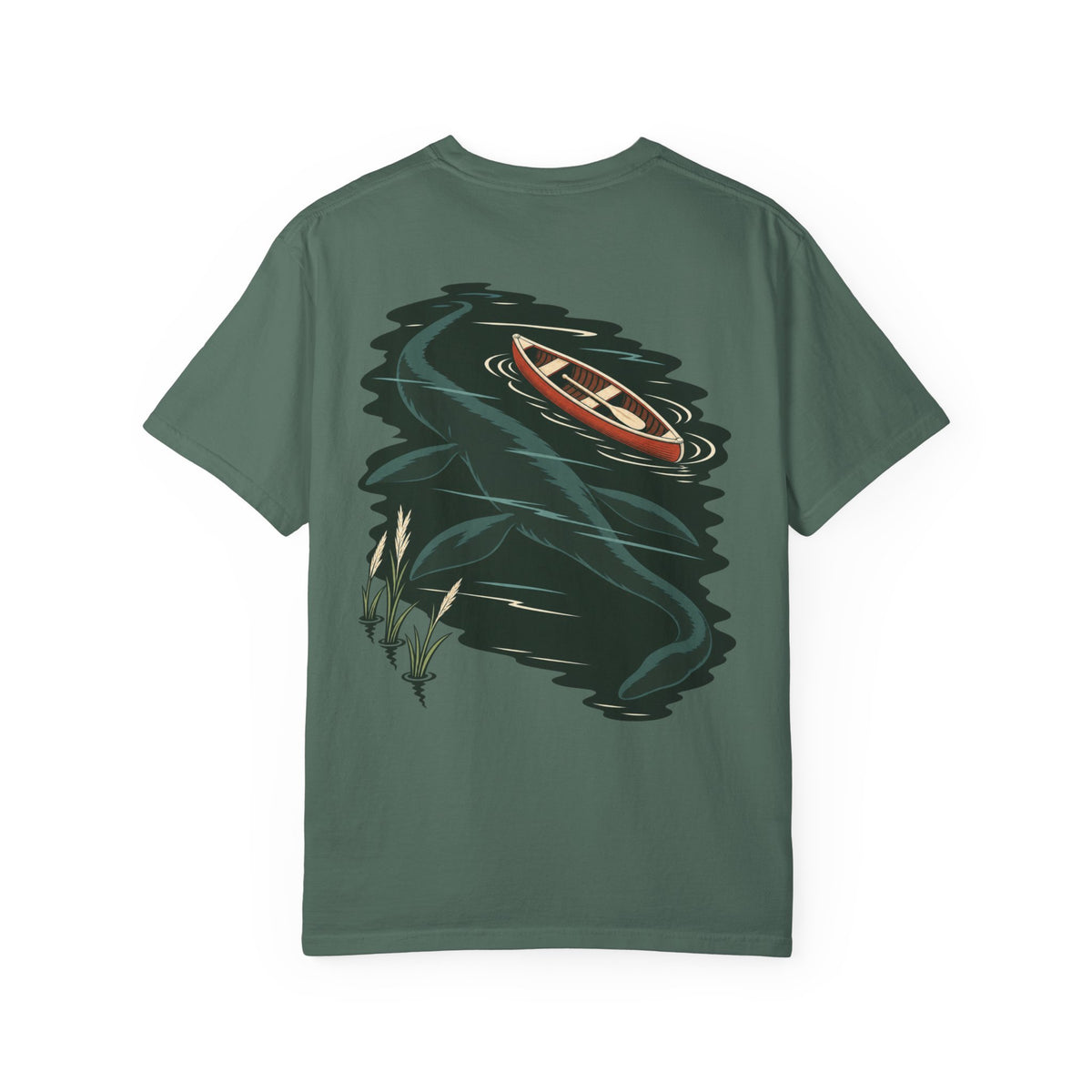 Seen Briefly Garment-Dyed Tee in Blue Spruce, back view with the large illustrated print. Digital product mockup.