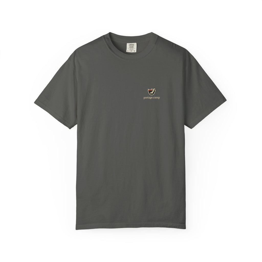 Seen Briefly Garment-Dyed Tee in Pepper, front view with the Seen Briefly logo and portage.camp on the chest. Digital product mockup.