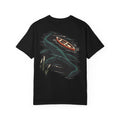 Seen Briefly Garment-Dyed Tee in Black, back view with the large illustrated print. Digital product mockup.