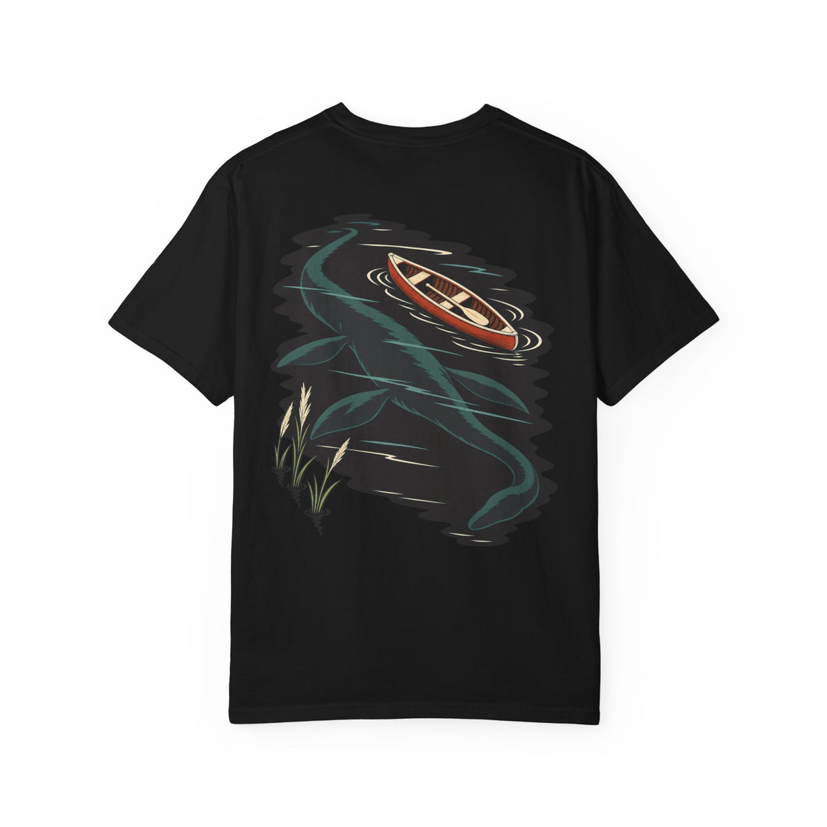 Seen Briefly Garment-Dyed Tee in Black, back view with the large illustrated print. Digital product mockup.