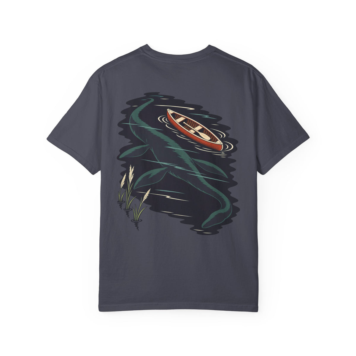Seen Briefly Garment-Dyed Tee in Navy, back view with the large illustrated print. Digital product mockup.
