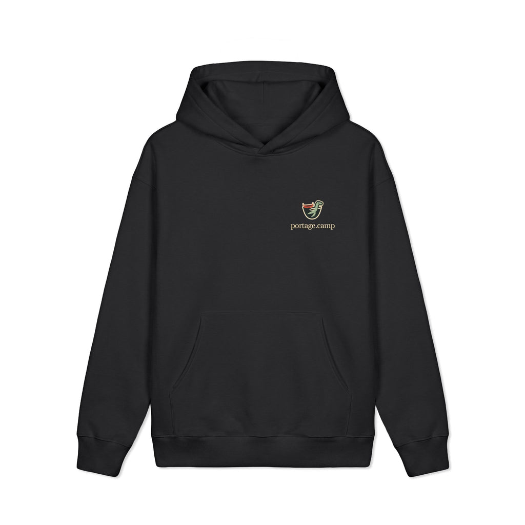 Seen Briefly Heavyweight Hoodie in Black, front view with the Seen Briefly logo and portage.camp on the left chest. Digital product mockup.