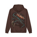Seen Briefly Heavyweight Hoodie in Brown, back view with the large illustrated print. Digital product mockup.