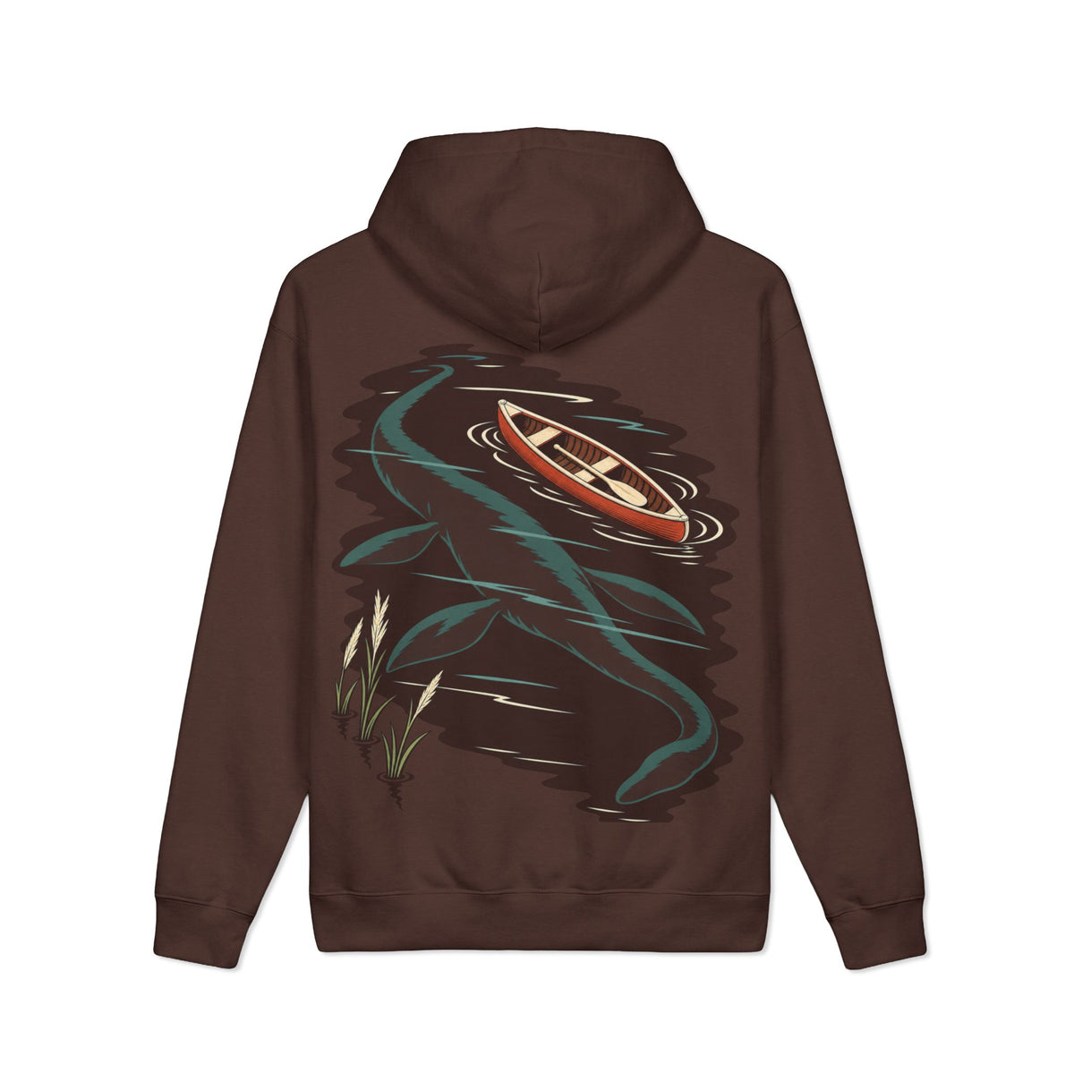 Seen Briefly Heavyweight Hoodie in Brown, back view with the large illustrated print. Digital product mockup.