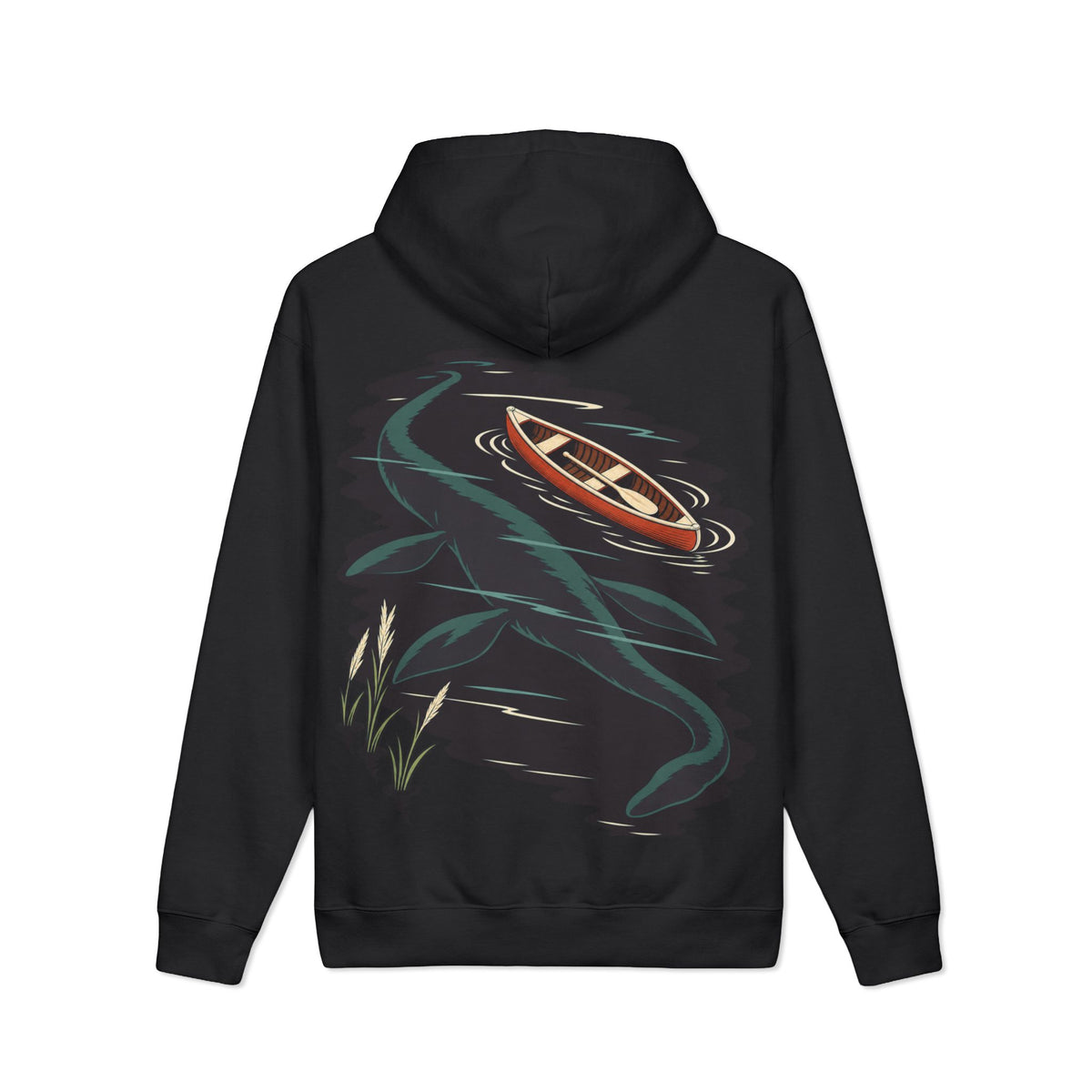Seen Briefly Heavyweight Hoodie in Black, back view with the large illustrated print. Digital product mockup.