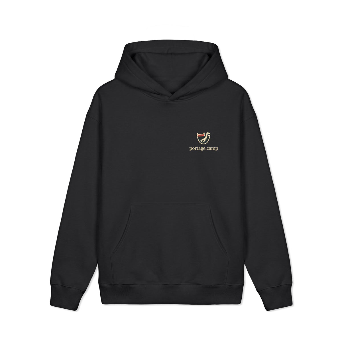 Seen Briefly Heavyweight Hoodie in Black, front view with the Seen Briefly logo and portage.camp on the left chest. Digital product mockup.