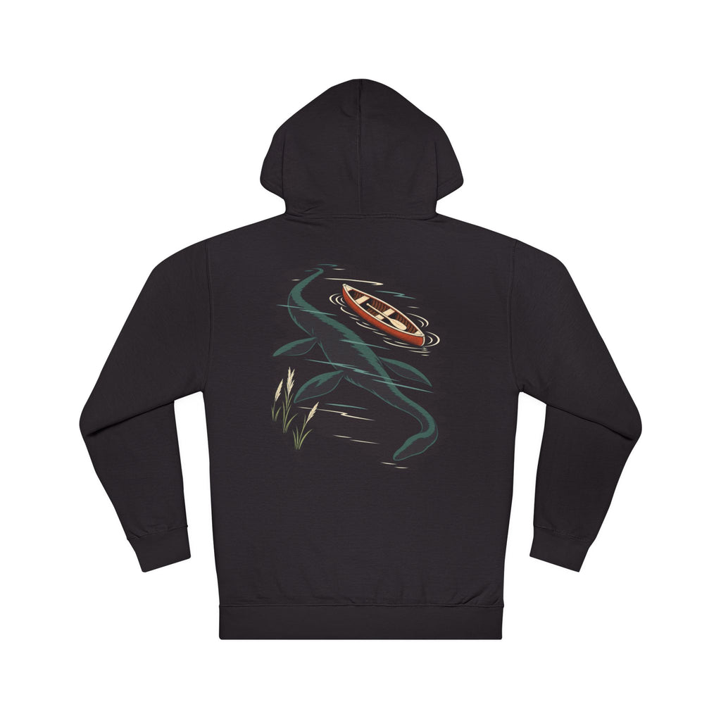 Seen Briefly Midweight Hoodie in Black, back view with the large illustrated print. Digital product mockup.