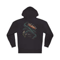Seen Briefly Midweight Hoodie in Black, back view with the large illustrated print. Digital product mockup.