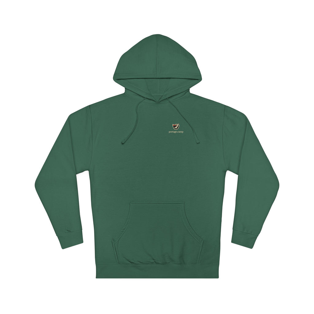 Seen Briefly Midweight Hoodie in Alpine Green, front view with the Seen Briefly logo and portage.camp on the chest. Digital product mockup.