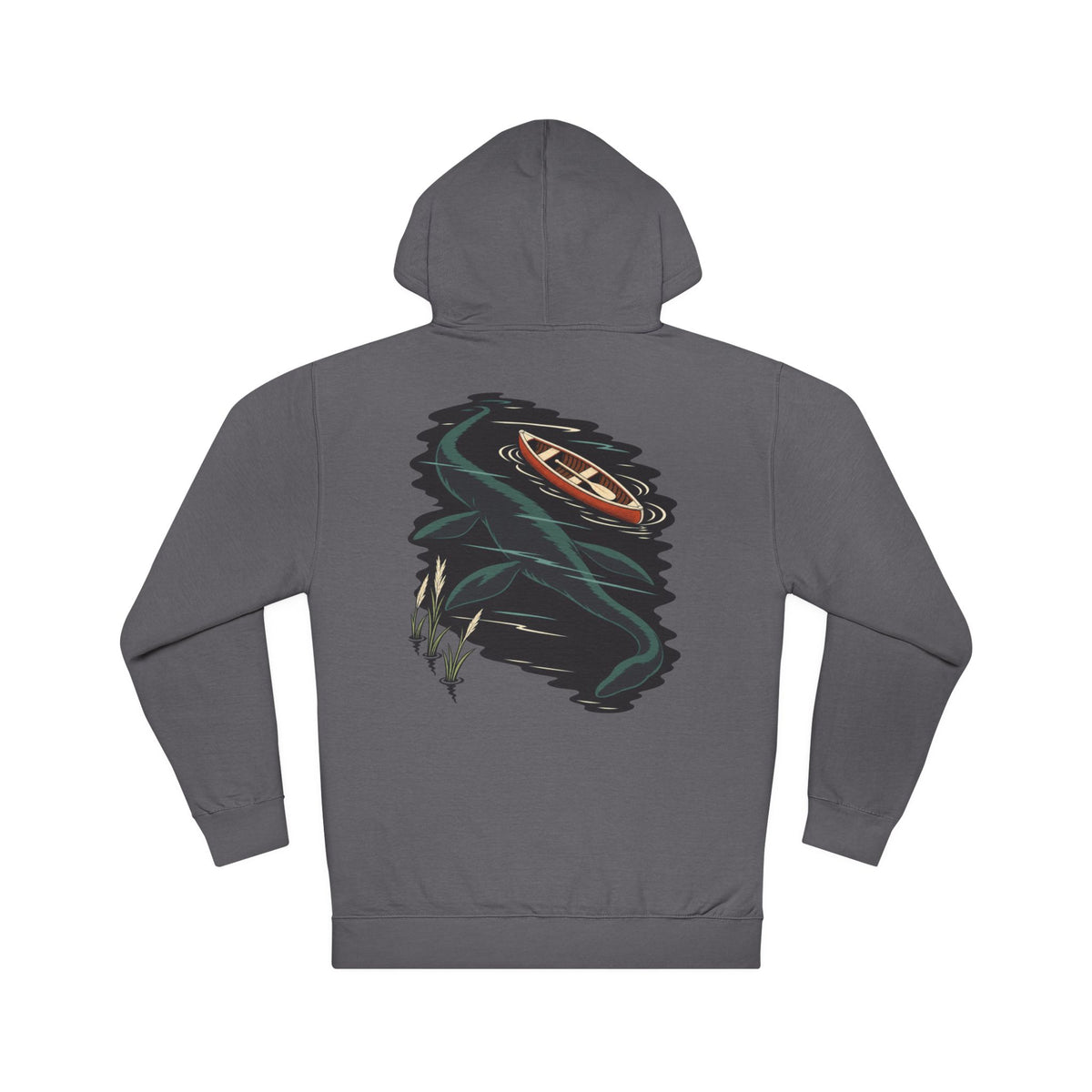 Seen Briefly Midweight Hoodie in Charcoal, back view with the large illustrated print. Digital product mockup.