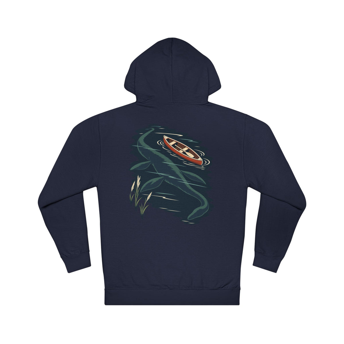 Seen Briefly Midweight Hoodie in Classic Navy, back view with the large illustrated print. Digital product mockup.