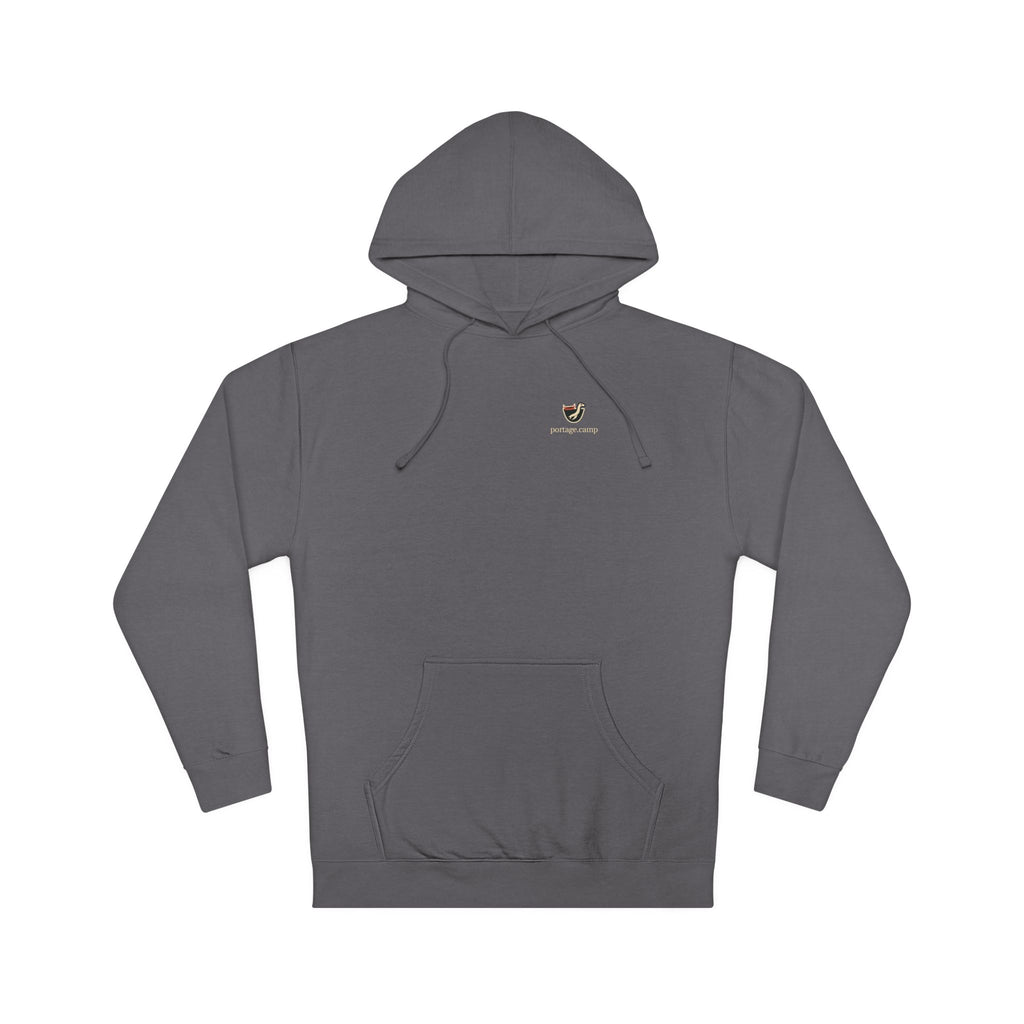 Seen Briefly Midweight Hoodie in Charcoal, front view with the Seen Briefly logo and portage.camp on the chest. Digital product mockup.
