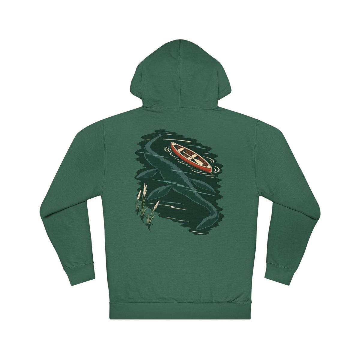 Seen Briefly Midweight Hoodie in Alpine Green, back view with the large illustrated print. Digital product mockup.