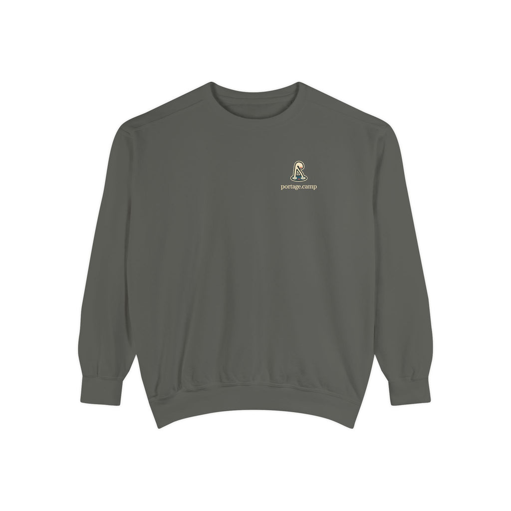 Small Hours Garment-Dyed Crewneck in Pepper, front view with the Small Hours logo and portage.camp on the chest. Digital product mockup.