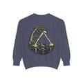 Small Hours Garment-Dyed Crewneck in Denim, back view with the large illustrated print. Digital product mockup.