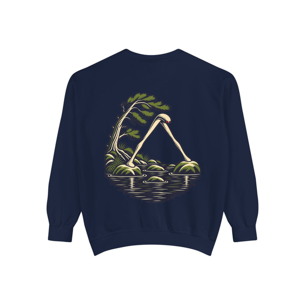 Small Hours Garment-Dyed Crewneck in True Navy, back view with the large illustrated print. Digital product mockup.