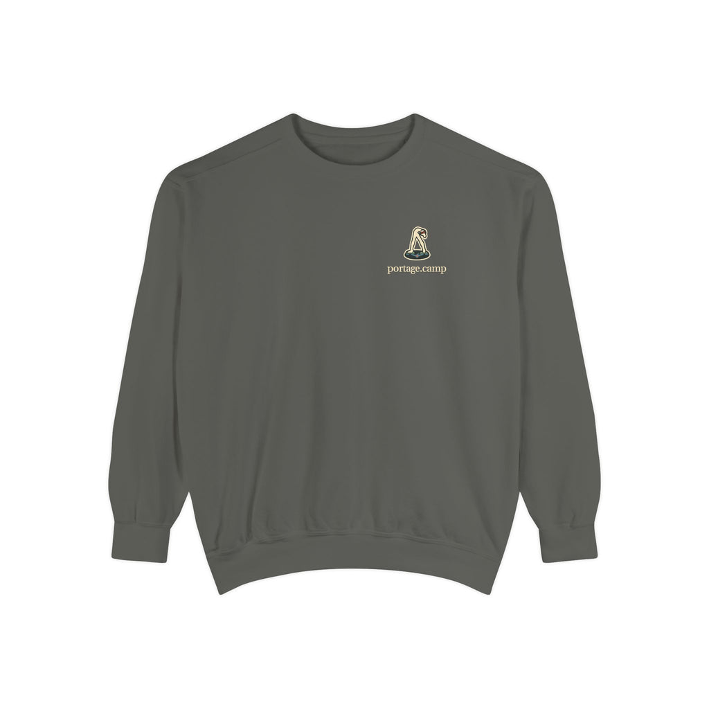 Small Hours Garment-Dyed Crewneck in Pepper, front view with the Small Hours logo and portage.camp on the chest. Digital product mockup.