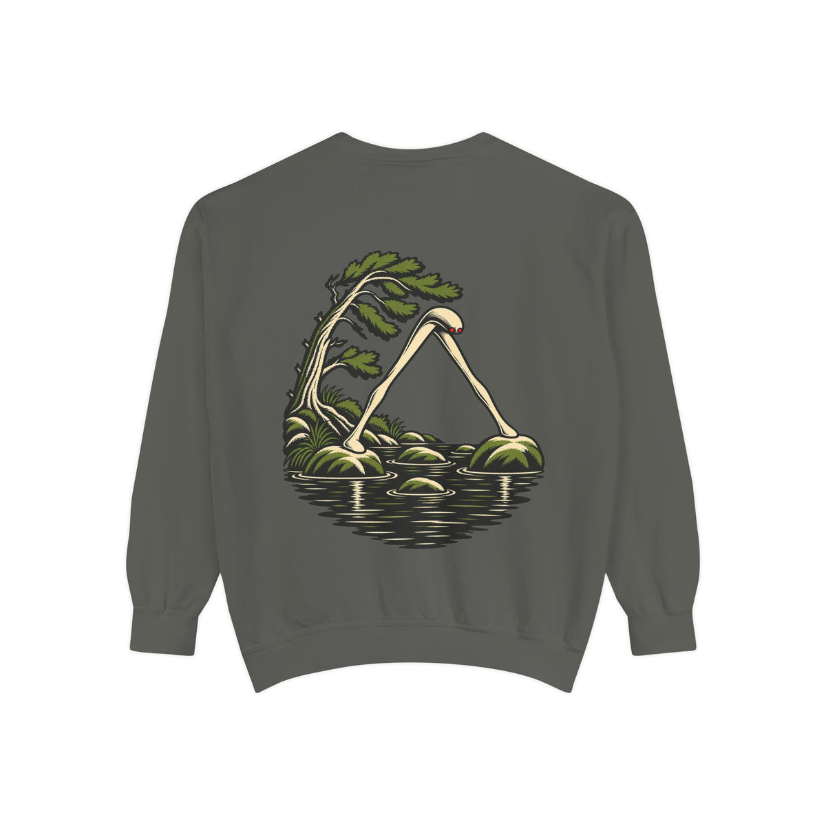 Small Hours Garment-Dyed Crewneck in Pepper, back view with the large illustrated print. Digital product mockup.