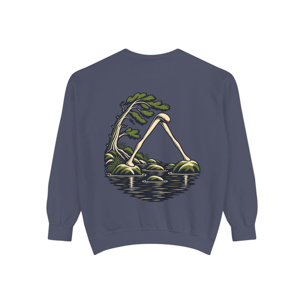 Small Hours Garment-Dyed Crewneck in Denim, back view with the large illustrated print. Digital product mockup.