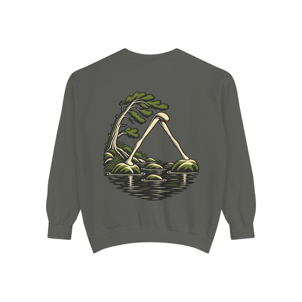 Small Hours Garment-Dyed Crewneck in Pepper, back view with the large illustrated print. Digital product mockup.