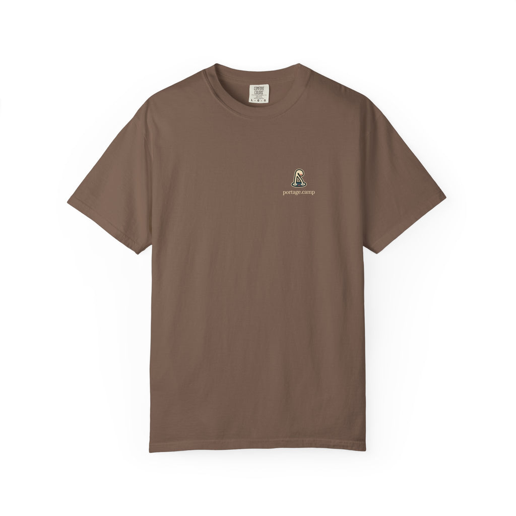 Small Hours Garment-Dyed Tee in Espresso, front view with the Small Hours logo and portage.camp on the chest. Digital product mockup.