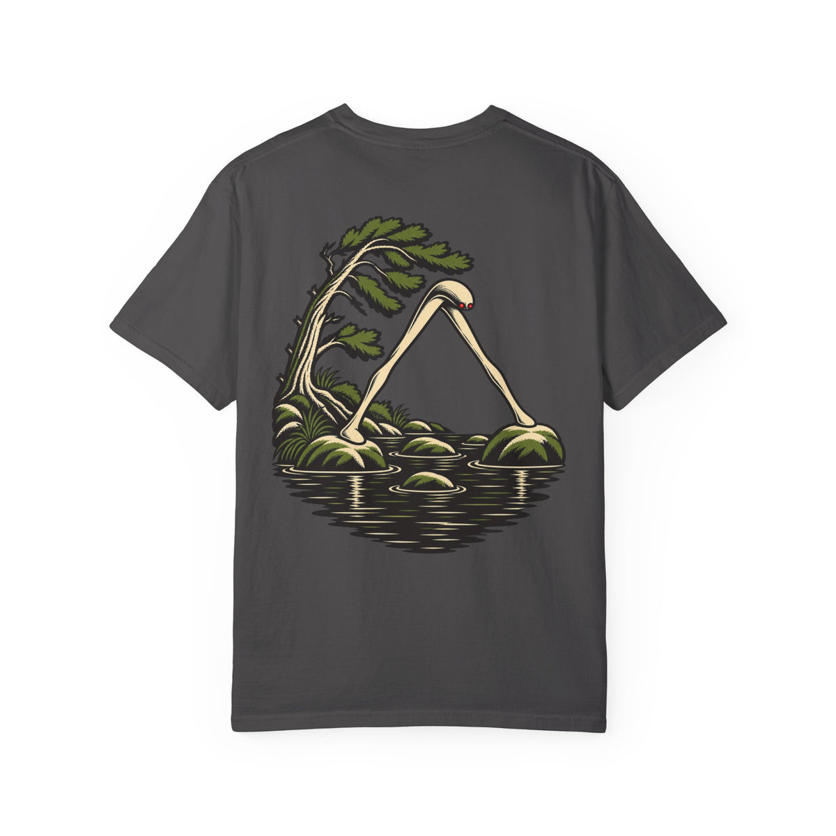 Small Hours Garment-Dyed Tee in Graphite, back view with the large illustrated print. Digital product mockup.