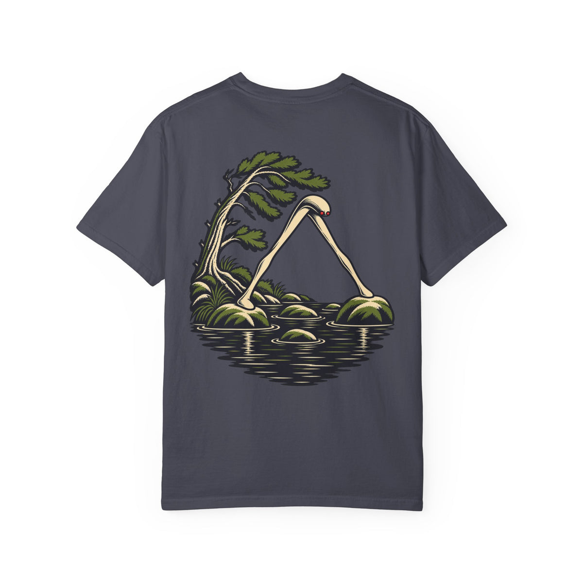 Small Hours Garment-Dyed Tee in Navy, back view with the large illustrated print. Digital product mockup.