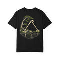 Small Hours Garment-Dyed Tee in Black, back view with the large illustrated print. Digital product mockup.