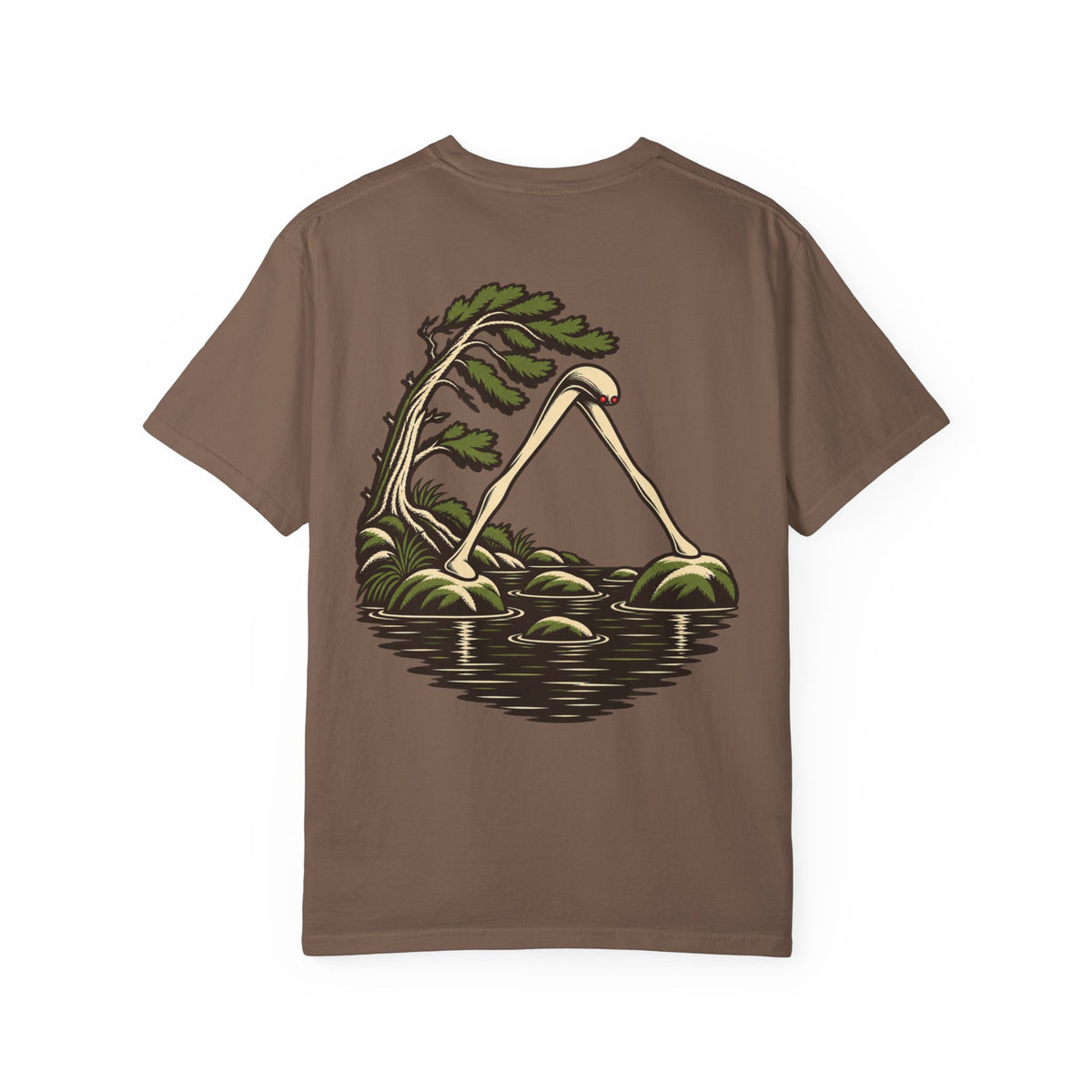 Small Hours Garment-Dyed Tee in Espresso, back view with the large illustrated print. Digital product mockup.