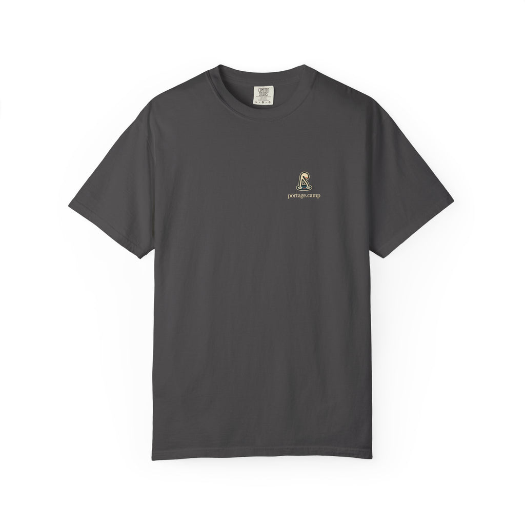 Small Hours Garment-Dyed Tee in Graphite, front view with the Small Hours logo and portage.camp on the chest. Digital product mockup.