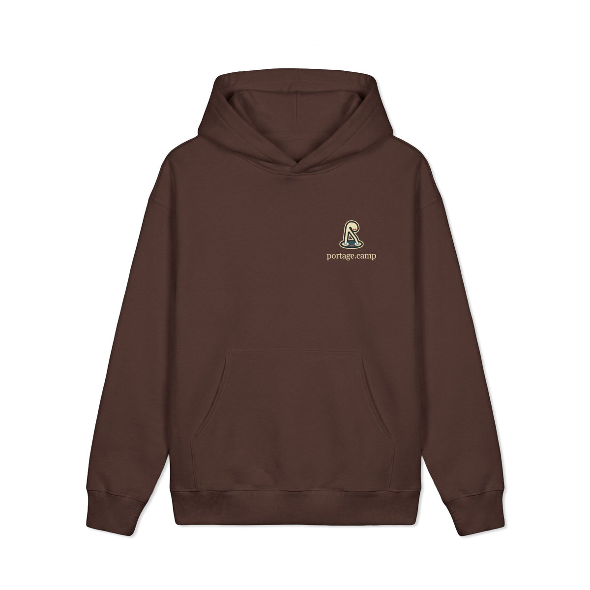 Small Hours Heavyweight Hoodie in Brown, front view with the Small Hours logo and portage.camp on the left chest. Digital product mockup.