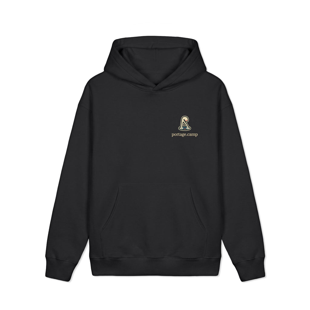 Small Hours Heavyweight Hoodie in Black, front view with the Small Hours logo and portage.camp on the left chest. Digital product mockup.