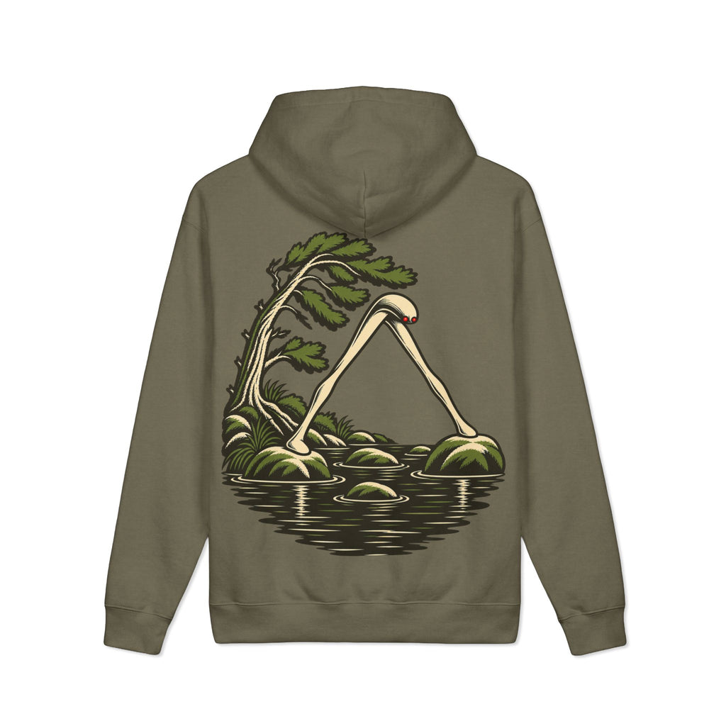Small Hours Heavyweight Hoodie in Olive, back view with the large illustrated print. Digital product mockup.
