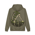 Small Hours Heavyweight Hoodie in Olive, back view with the large illustrated print. Digital product mockup.