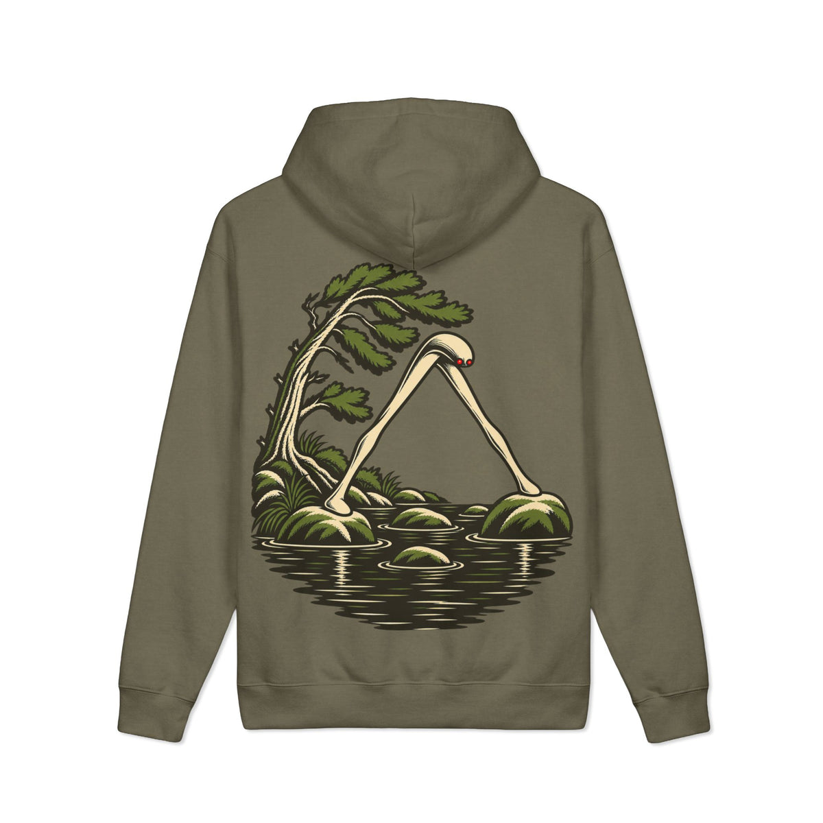 Small Hours Heavyweight Hoodie in Olive, back view with the large illustrated print. Digital product mockup.