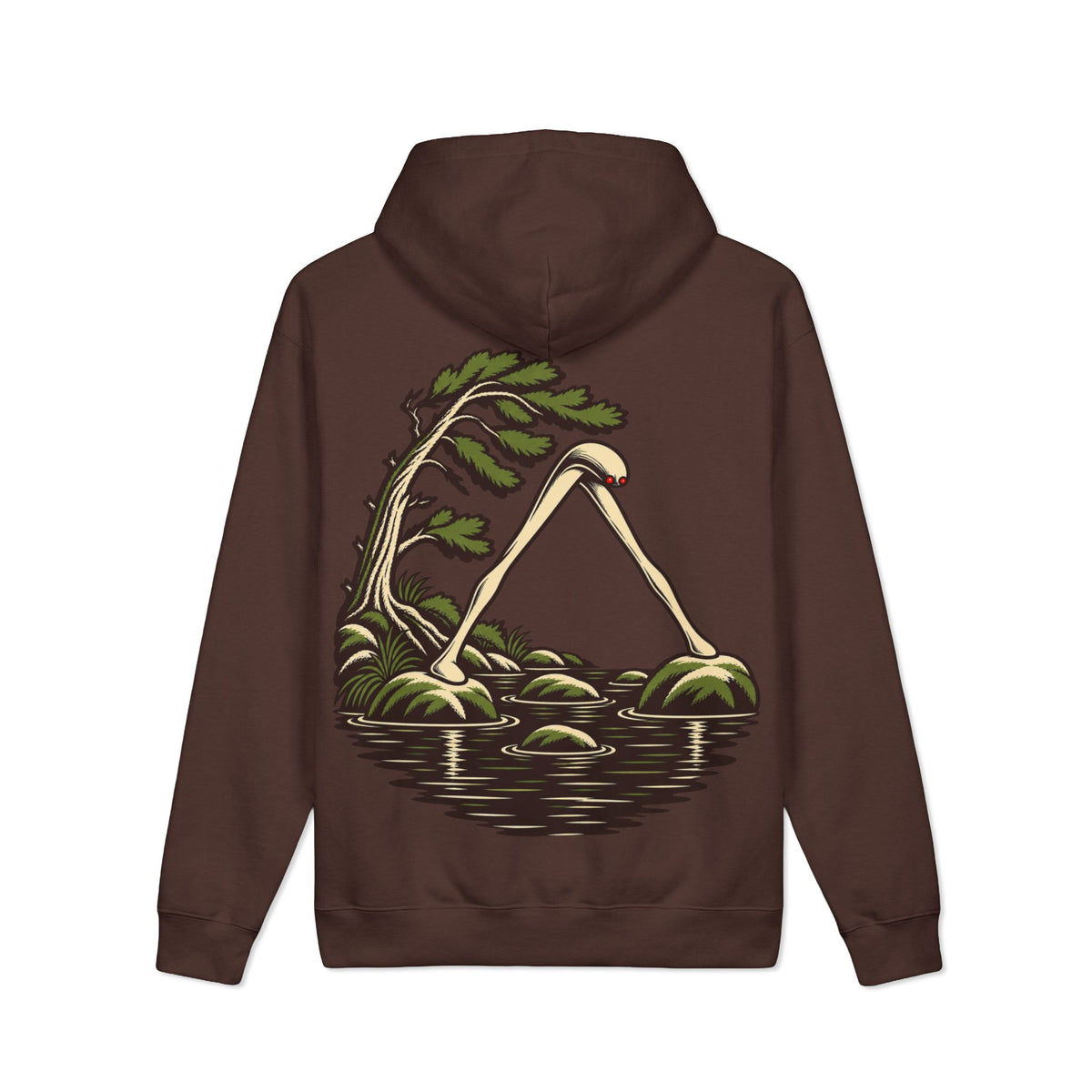 Small Hours Heavyweight Hoodie in Brown, back view with the large illustrated print. Digital product mockup.