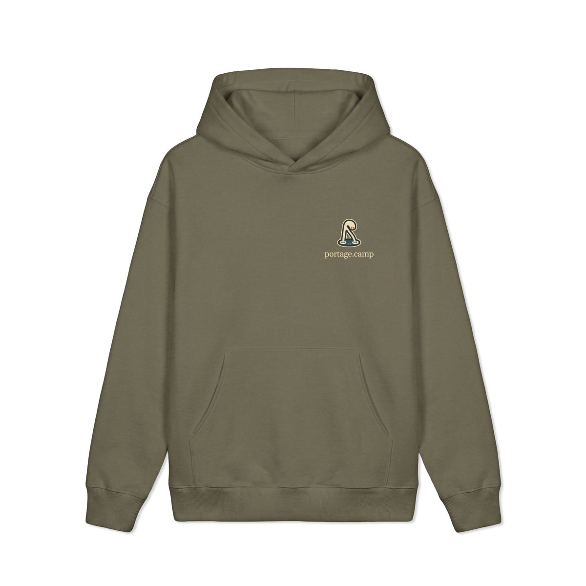 Small Hours Heavyweight Hoodie in Olive, front view with the Small Hours logo and portage.camp on the left chest. Digital product mockup.