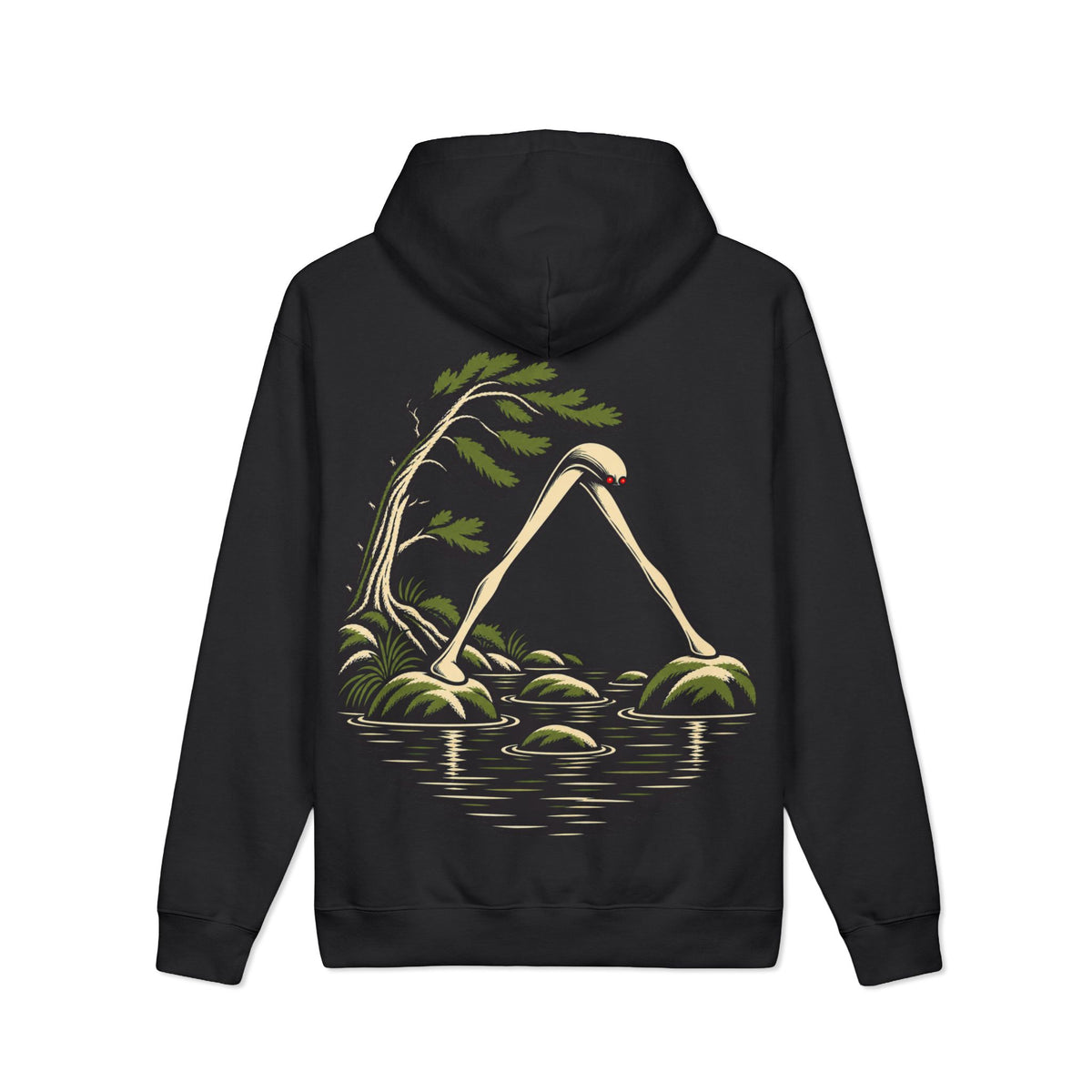 Small Hours Heavyweight Hoodie in Black, back view with the large illustrated print. Digital product mockup.