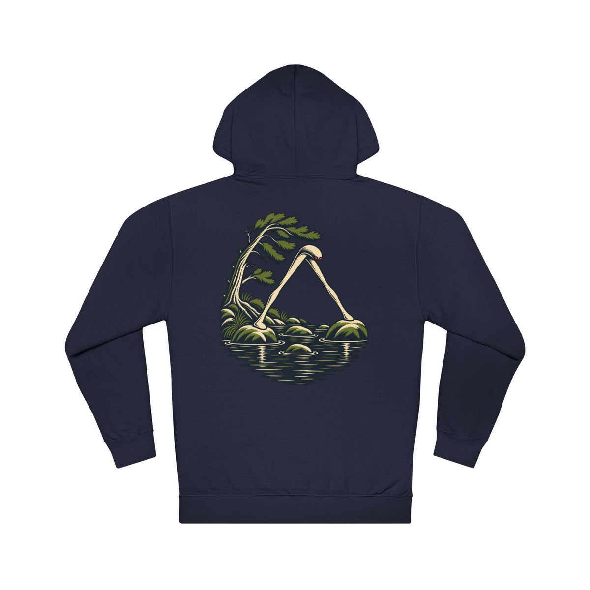 Small Hours Midweight Hoodie in Classic Navy, back view with the large illustrated print. Digital product mockup.