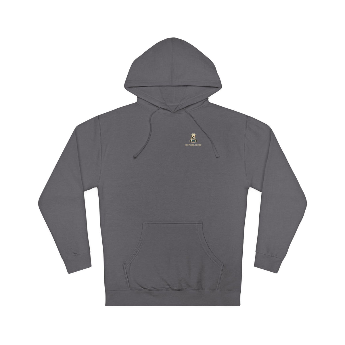 Small Hours Midweight Hoodie in Charcoal, front view with the Small Hours logo and portage.camp on the chest. Digital product mockup.