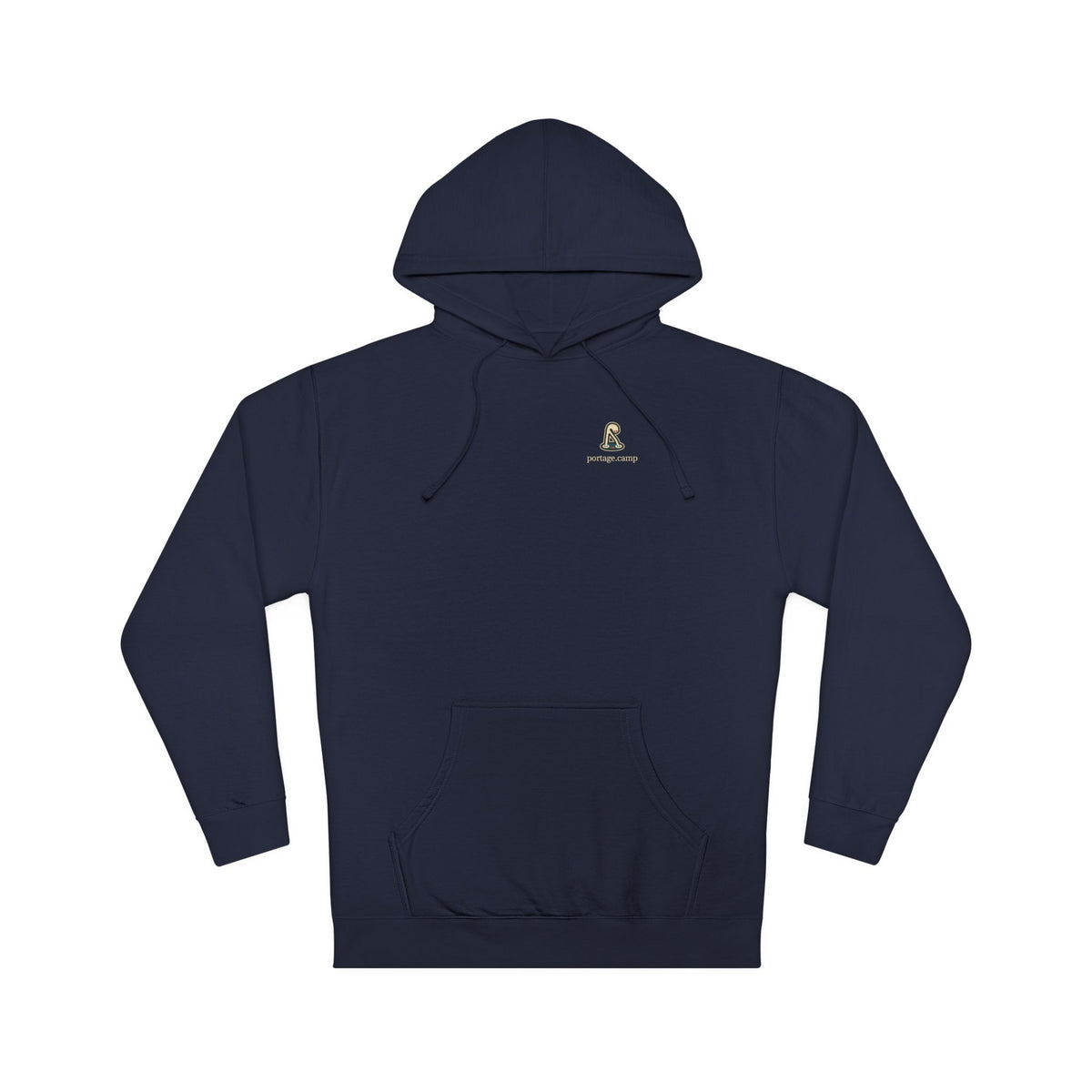 Small Hours Midweight Hoodie in Classic Navy, front view with the Small Hours logo and portage.camp on the chest. Digital product mockup.
